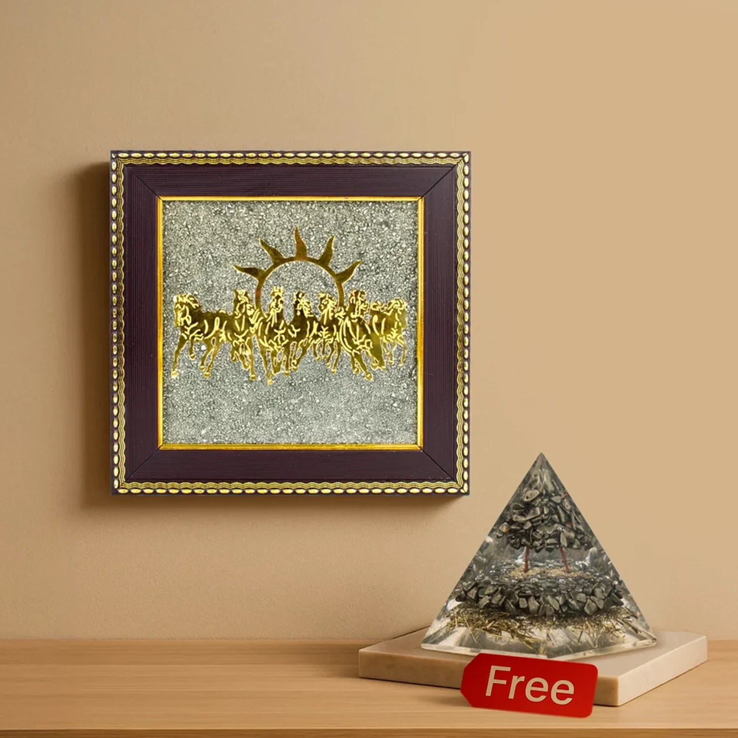 7 Horses on Raw Pyrite Frame with FREE Money Magnet-pyramid