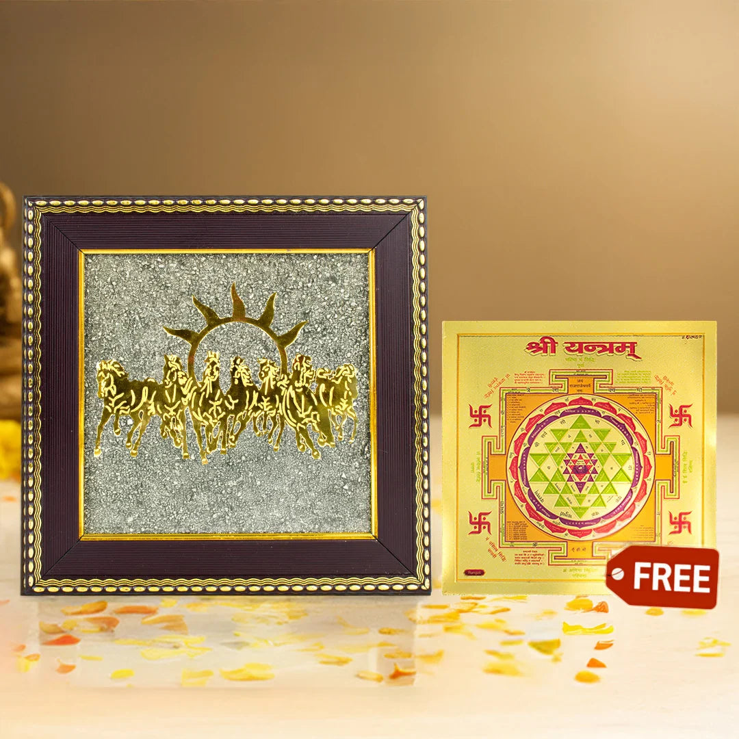 7-horses-on-raw-pyrite-frame-with-free-shree-yantra-6-6-inch
